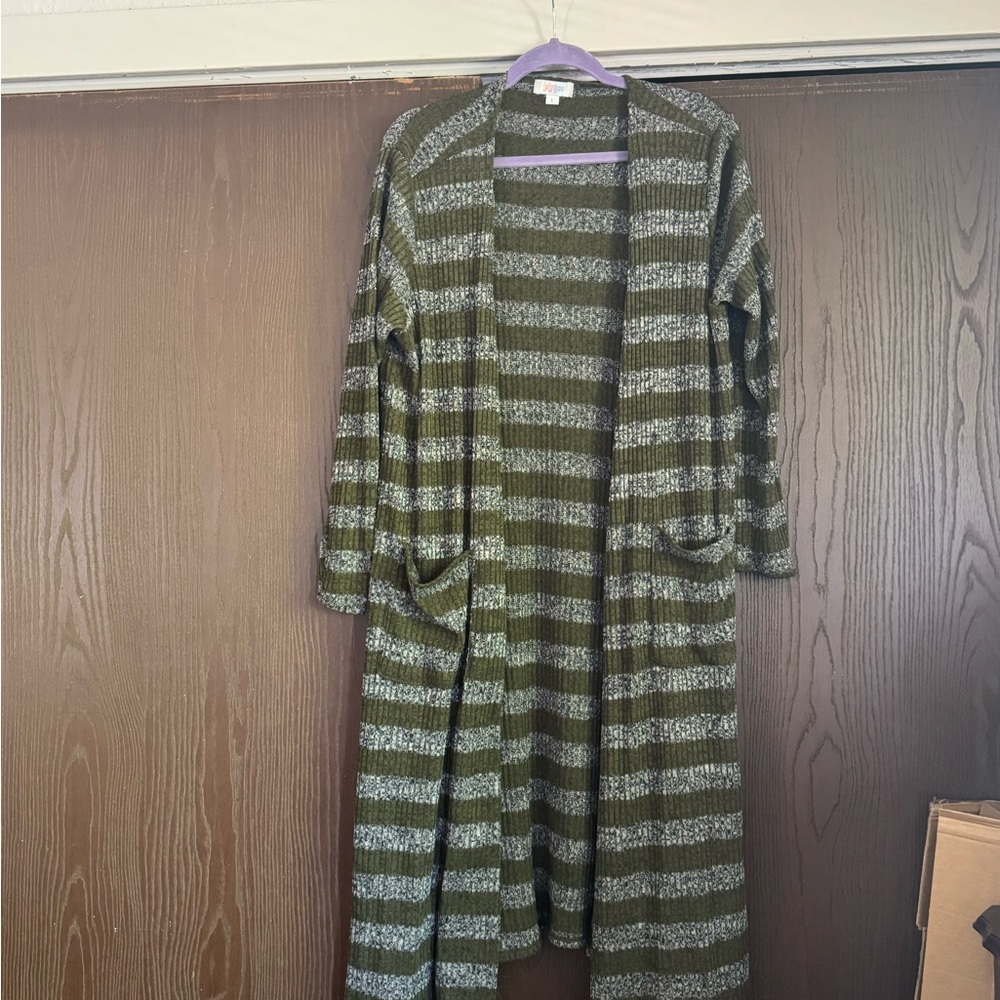 LuLaRoe Olive and Gray Striped Knit Cardigan